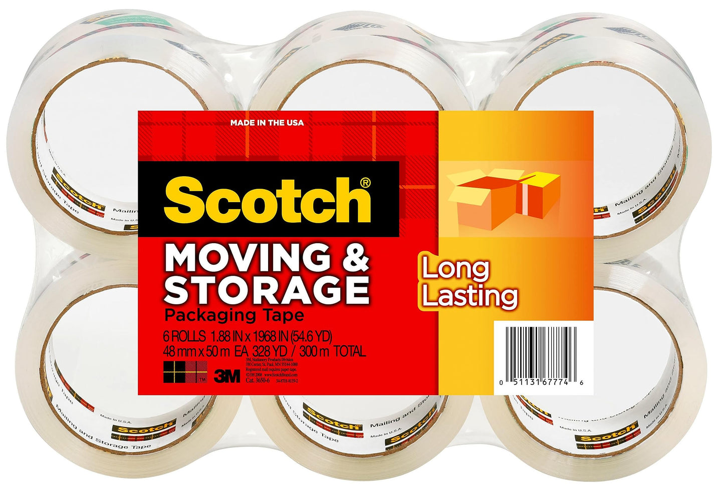 Scotch Long Lasting Storage Packing Tape, Clear, Storage Tape Seals Moving Boxes, 1.88 in x 54.6 yd,6 rolls