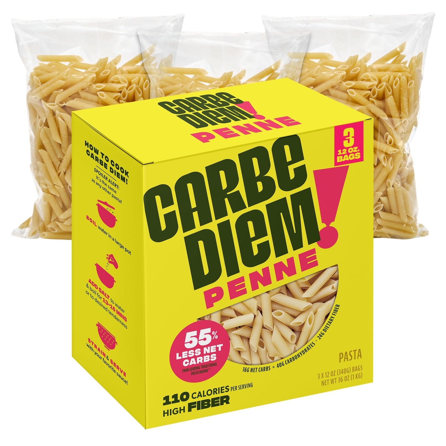 CARBE DIEM! Spaghetti | 3x 12oz Bags | Lower Net Carb Pasta with a Traditional Flavor & Texture | Pasta Re-Imagined for Healthy Lifestyles | Spaghetti Pasta | Spaghetti Noodles | Lower Calorie Pasta