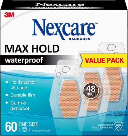 Nexcare Max Hold Waterproof Bandages, Helps waterproof, dirtproof, and germproof your wounds, 60 ct