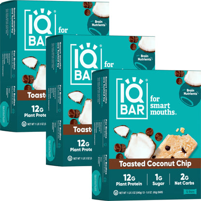 IQBAR Brain and Body Plant Protein Bars - Almond Butter Chip - 12 Count, Low Carb, High Fiber, Gluten Free, Vegan Snacks - Low Sugar Keto Energy Bars