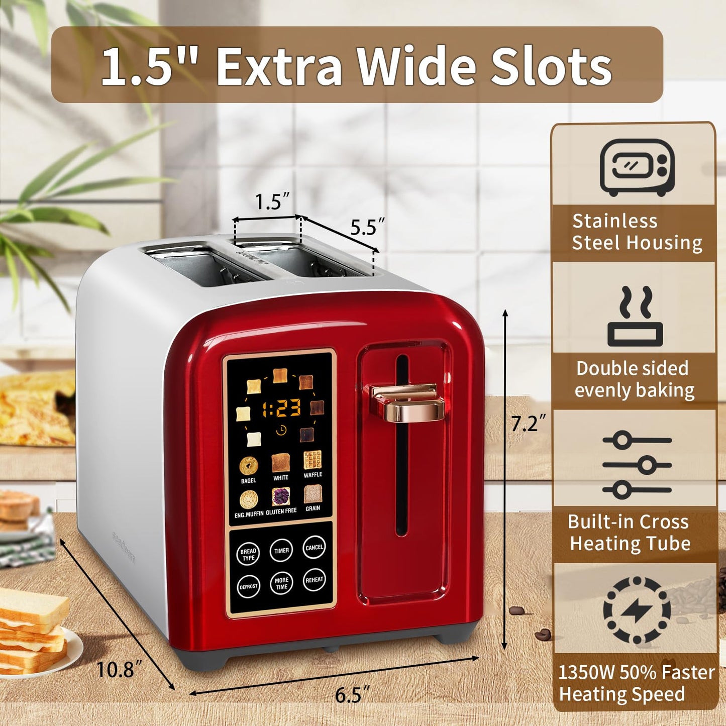 SEEDEEM Toaster 2 Slice, Stainless Toaster LCD Display&Touch Buttons, 50% Faster Heating Speed, 6 Bread Selection, 7 Shade Setting, 1.5''Wide Slot, Removable Crumb Tray, 1350W, Dark Metallic