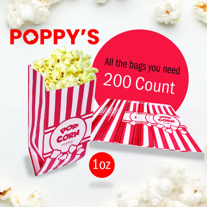 Poppy's Paper Popcorn Bags - 200 1oz Concession-Grade Bags, Popcorn Machine Accessories for Popcorn Bars, Movie Nights, Concessions