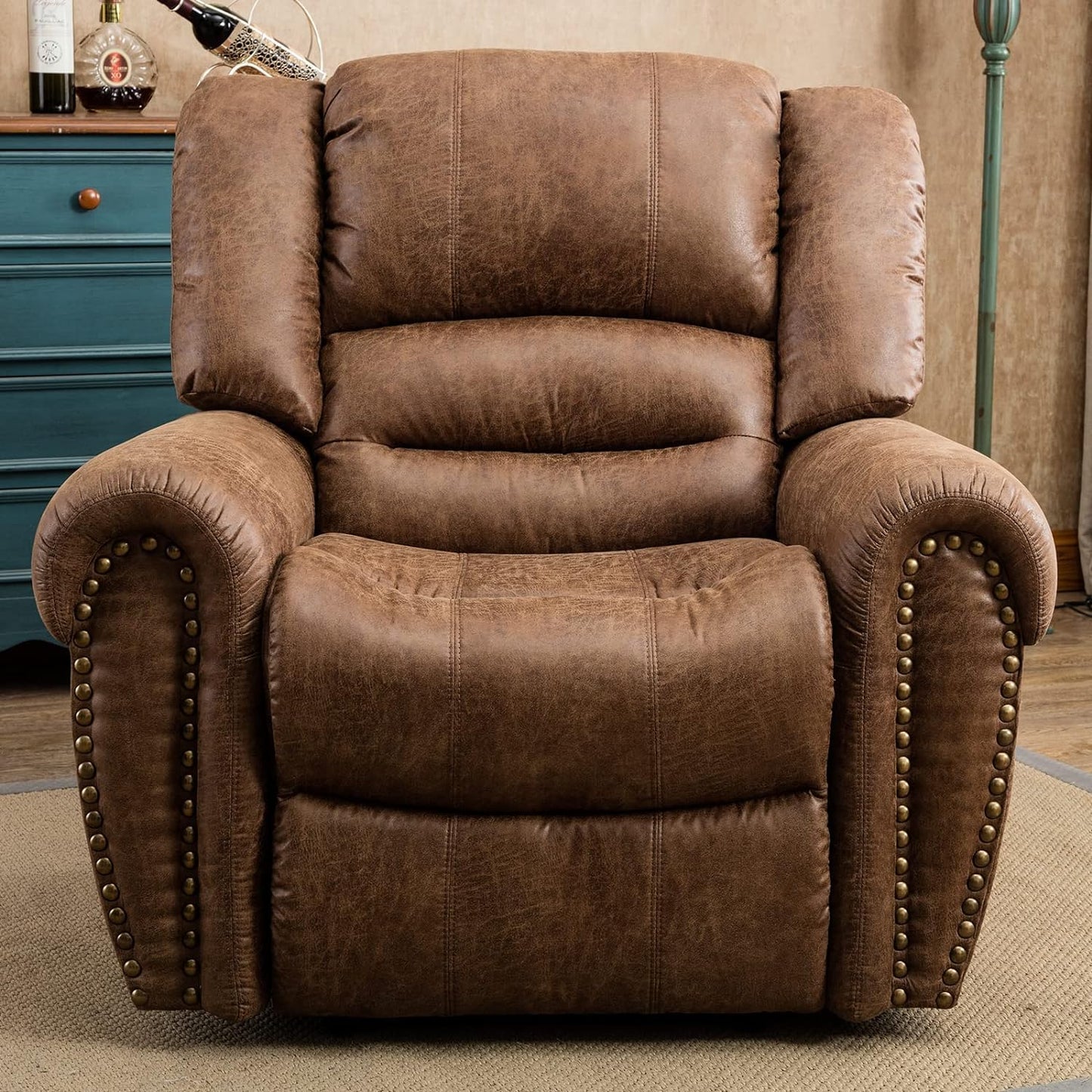 CANMOV Leather Recliner Chair, Classic and Traditional Manual Recliner Chair with Comfortable Arms and Back Single Sofa for Living Room, Nut Brown