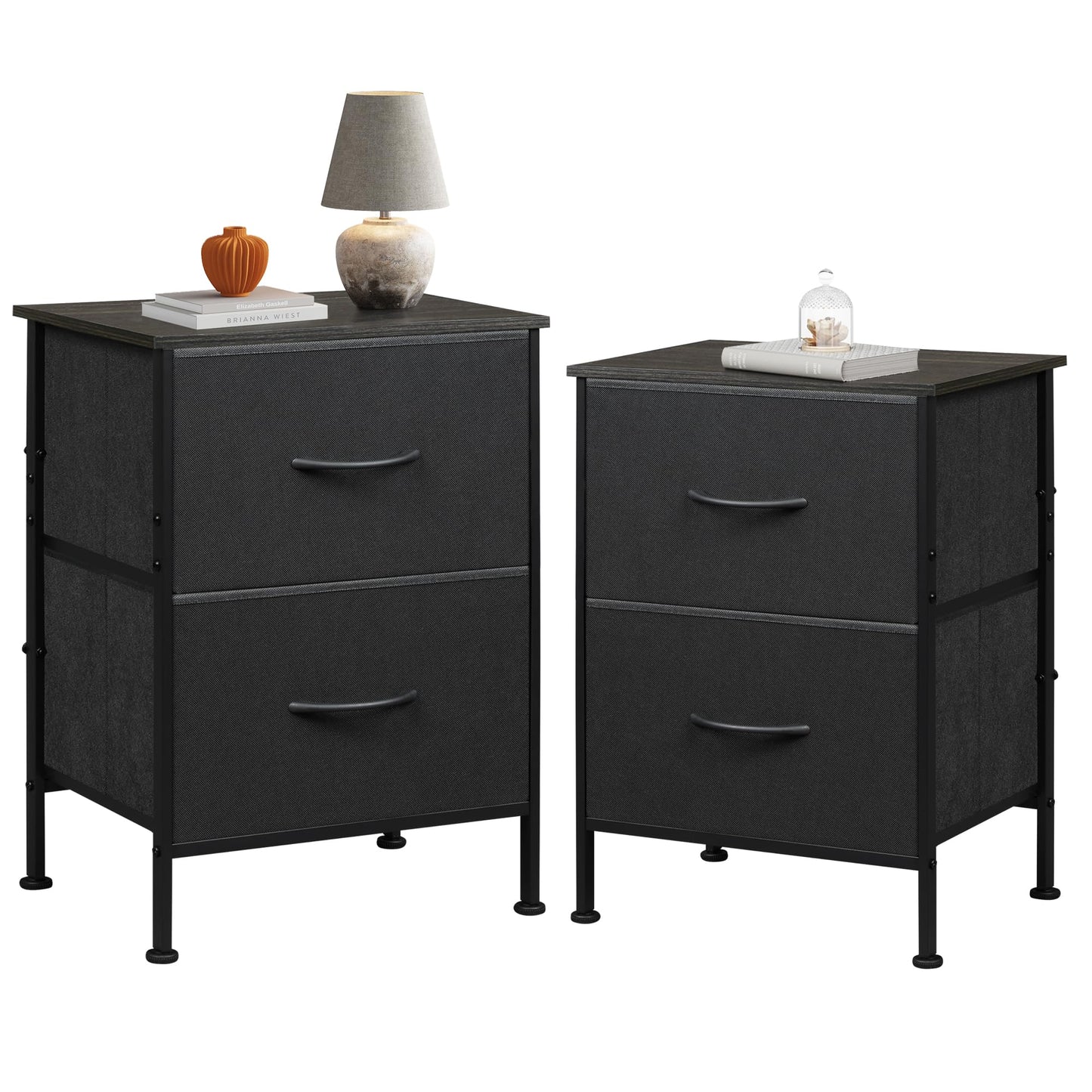 WLIVE Black Nightstand, Small Dresser for Bedroom with 2 Fabric Drawer, Bed Side Table with Drawers, End Table Bedside Furniture, Sturdy Steel Frame, Wood Top, Closet Organizer, College Dorm