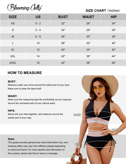 Blooming Jelly Women High Waisted Bikini Sets Tummy Control Swimsuits Color Block Two Piece Drawstring Bathing Suit