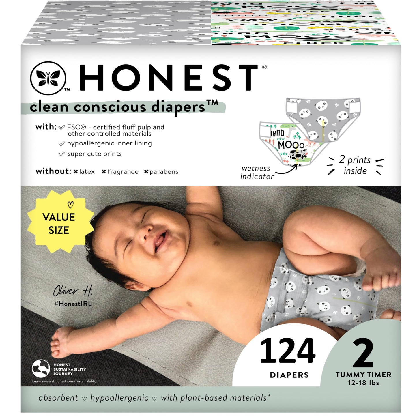 The Honest Company Clean Conscious Diapers | Plant-Based, Sustainable | Above It All + Pandas | Club Box, Size Newborn, 72 Count