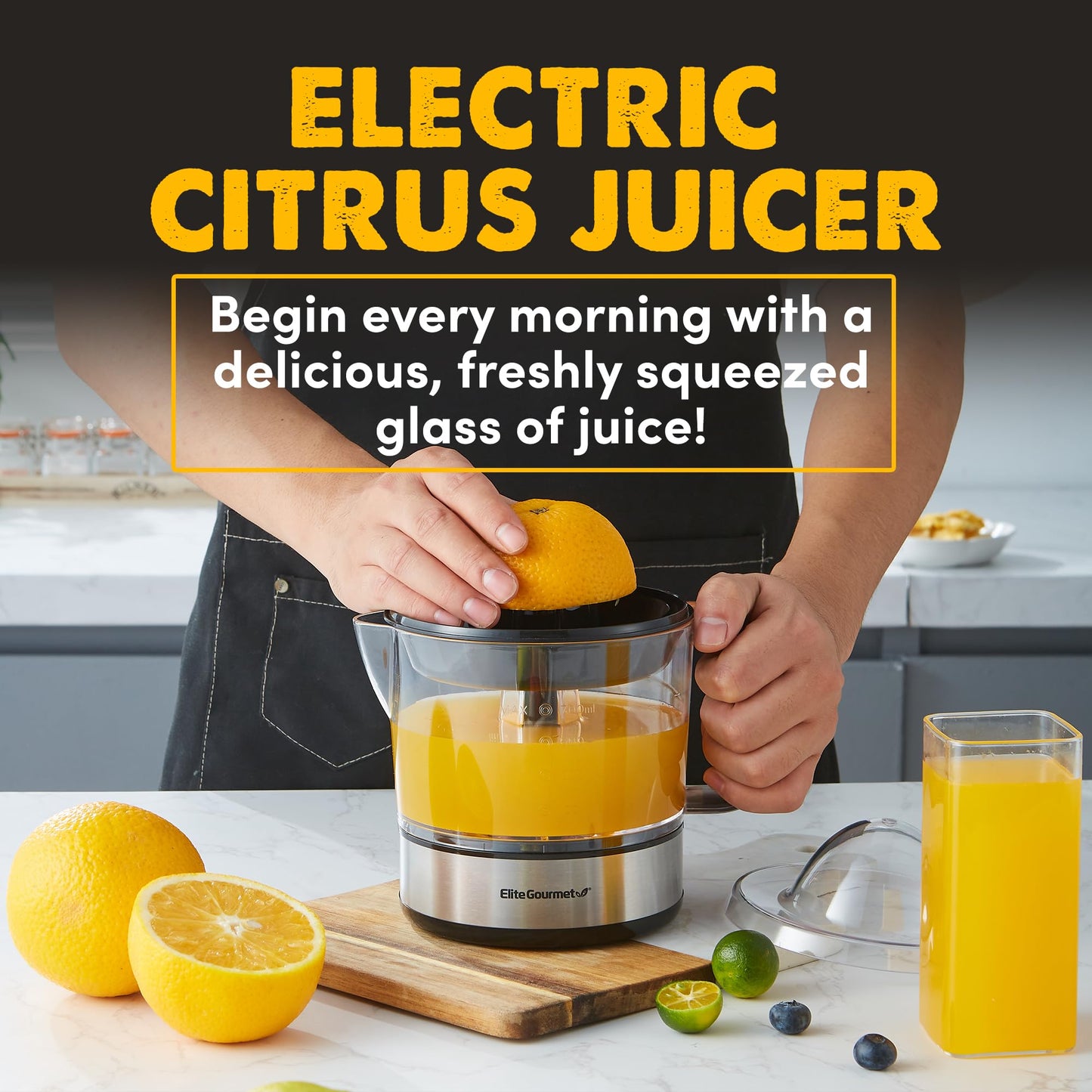 Elite Gourmet ETS623 BPA-Free Electric Citrus Juicer, Compact, Large Volume, Pulp Control, Oranges, Lemons, Limes, Grapefruits with Easy Pour Spout, 24oz, Black/Stainless Steel