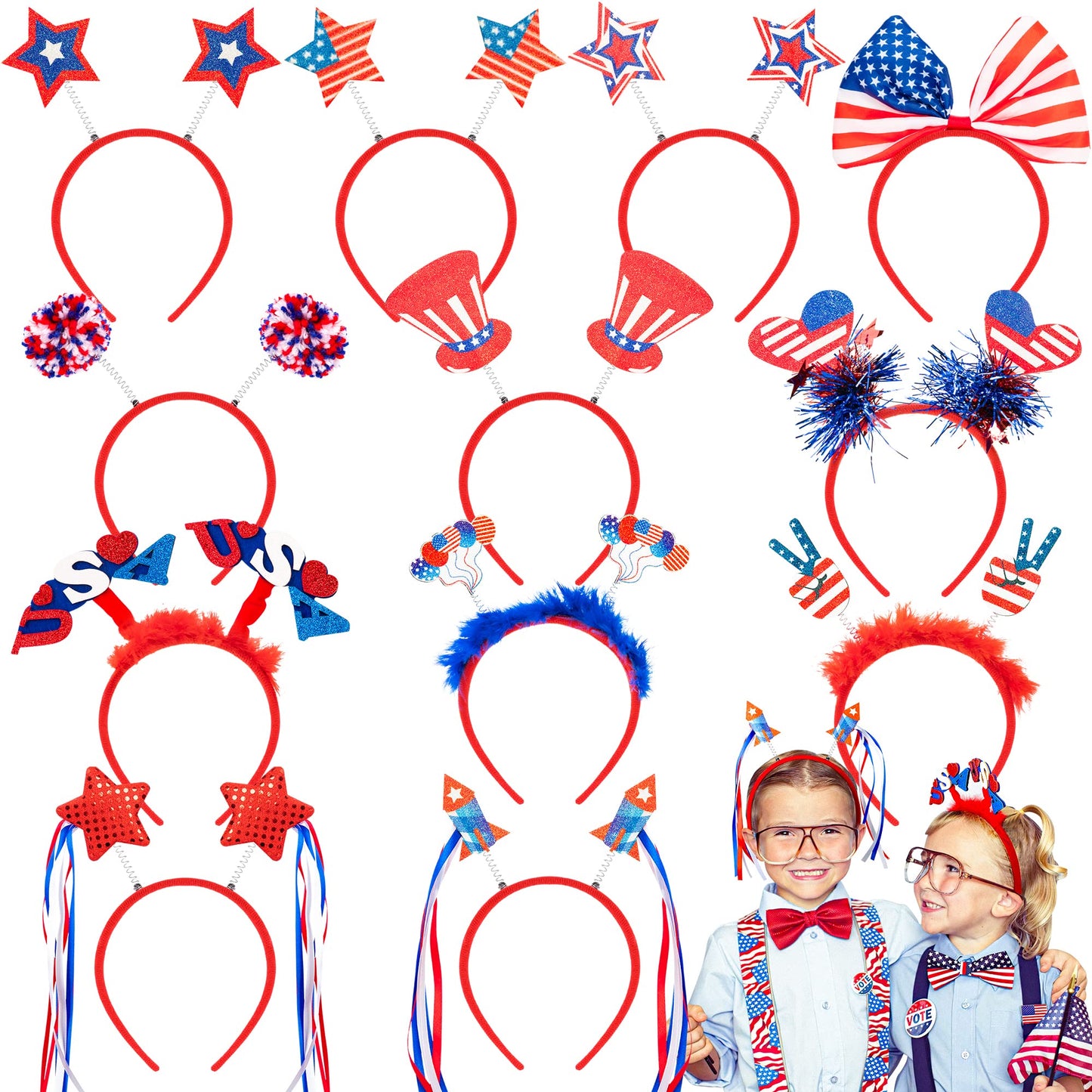 4th of July Headband, Fourth of July Accessories, Felt Patriotic Head Boppers Pack for 4th of July Party Favors