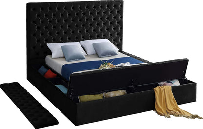 Meridian Furniture Bliss Collection Modern | Contemporary Velvet Upholstered Bed with Deep Button Tufting and Storage Compartments in Rails and Footboard, Black, King