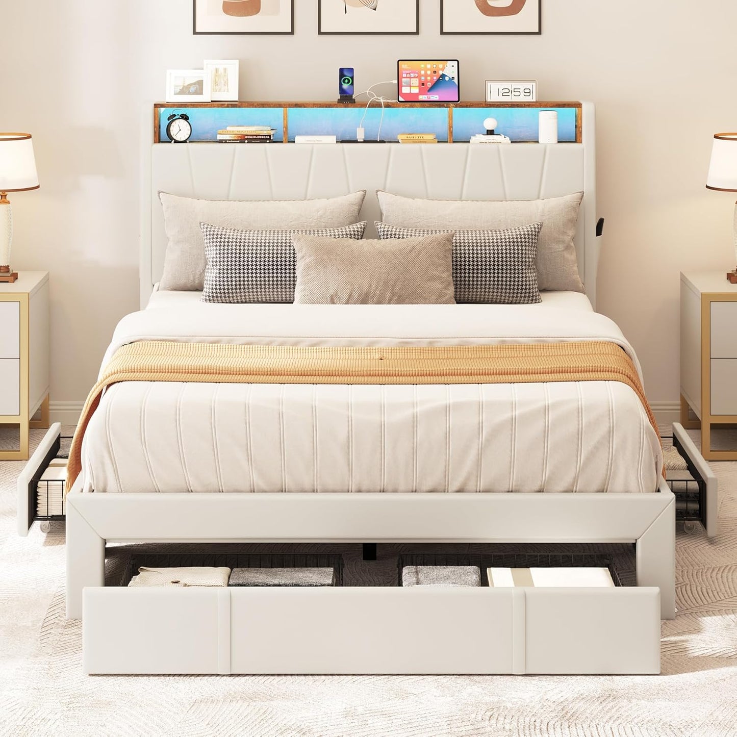 YITAHOME Queen Size Bed Frame, Storage Bed Frame with 4 Drawers & LED Light, Platform Bed with Storage Upholstered Headboard and Charging Station, No Box Spring Needed, Easy Assembly, Beige