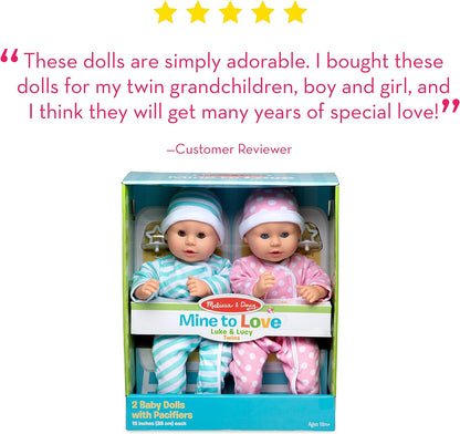 Melissa & Doug Mine to Love Twins Luke & Lucy 15” Light Skin-Tone Boy and Girl Baby Dolls with Rompers, Caps, Pacifiers - Twin Baby Dolls, First Baby Dolls For Toddlers 18 Months And Up