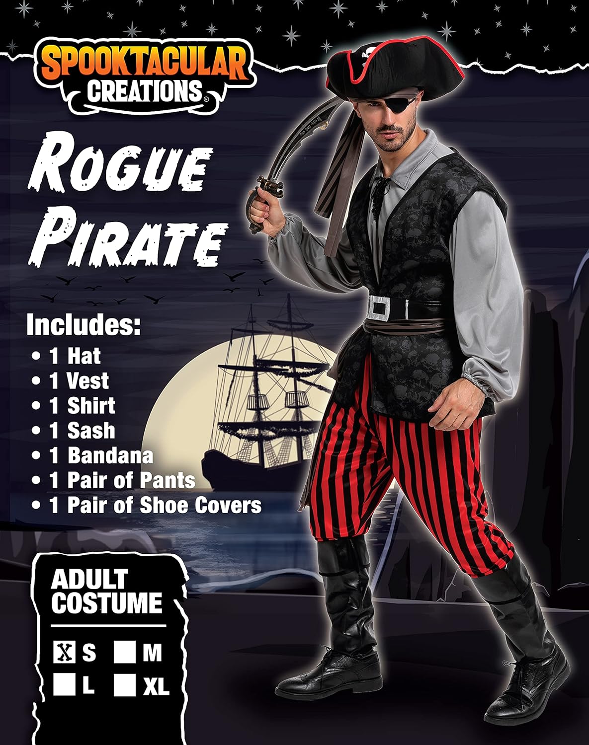 Spooktacular Creations Adult Men Pirate Costume for Halloween, Costume Party, Trick or Treating, Cosplay Party (Large)