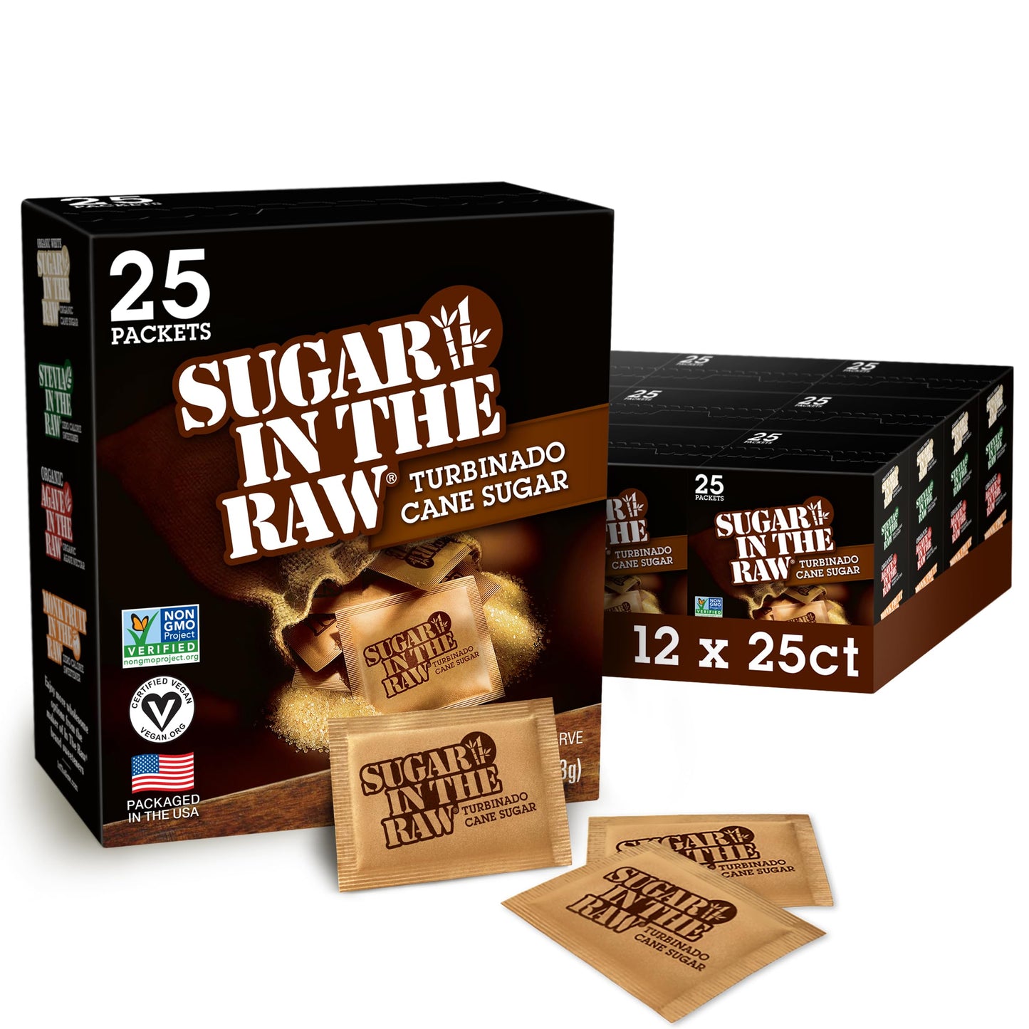 Sugar In The Raw Turbinado Cane Sugar Packets, 200 Count, Natural Sweetener for Drinks and Baking, Vegan, Gluten-Free, Non-GMO