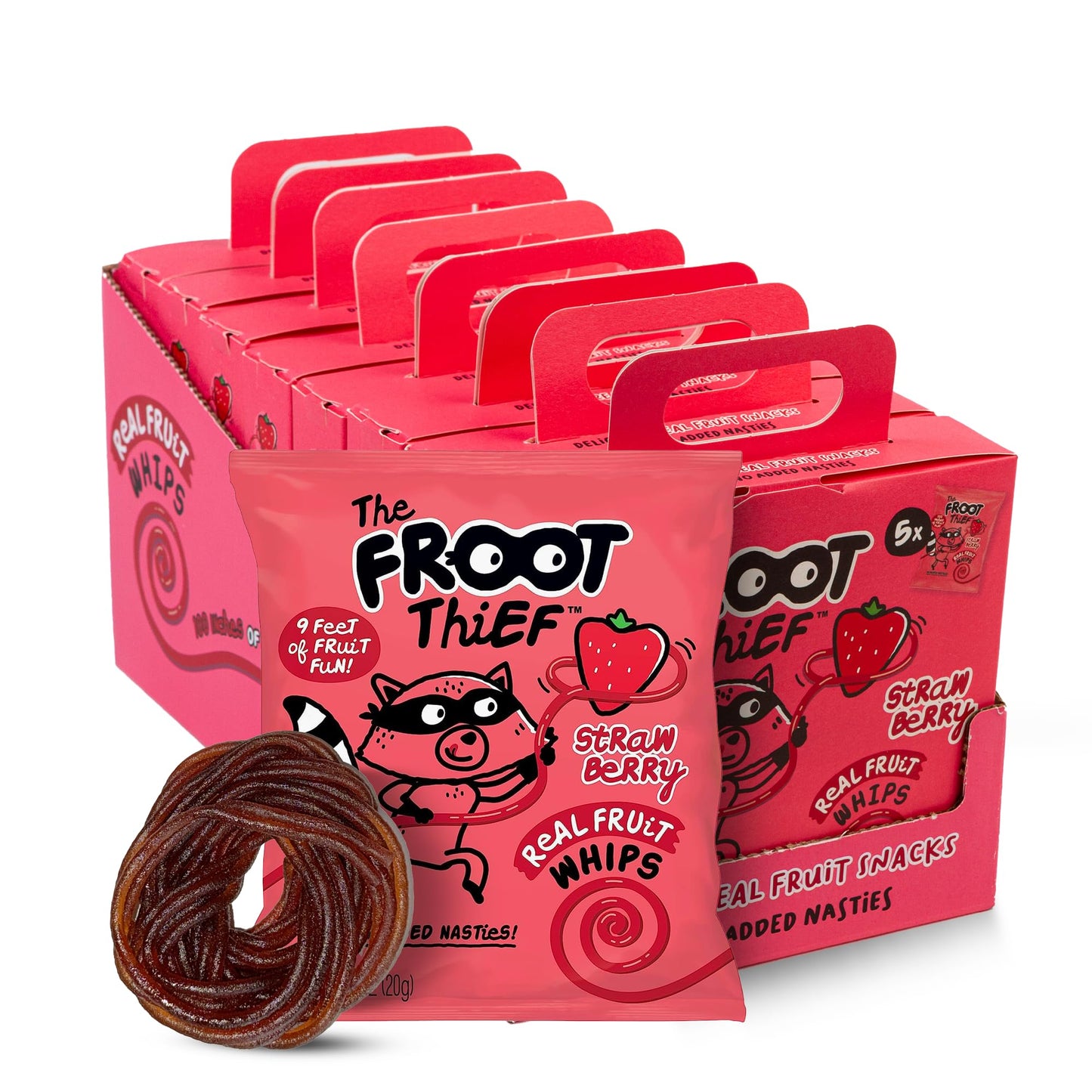 The FROOT Thief Real Fruit Snack Whips Strawberry Flavor, Nut Free, 100% Natural, Gluten-Free, Non-GMO, No Artificial Colors or Flavors, Pack of 5