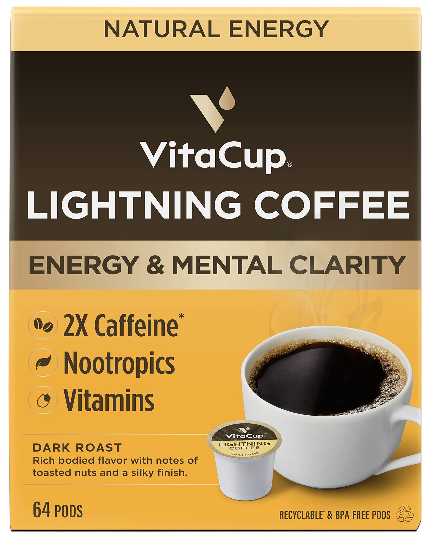 VitaCup Mushroom Coffee Pods - Boost Focus & Immunity with Lions Mane, Chaga, Vitamins, for Memory & Clarity, Recyclable K-Cup Pods, 16 Ct