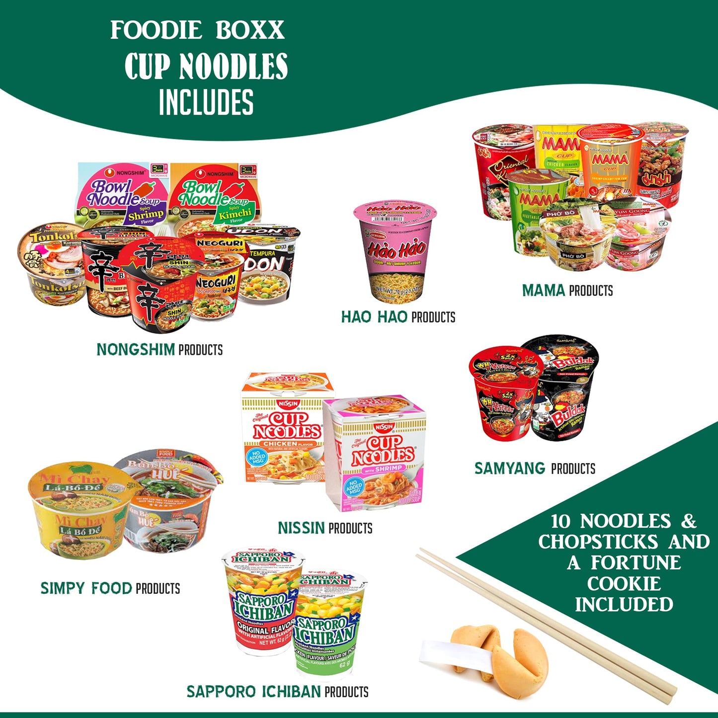 FOODIE BOXX Asian Instant Ramen Noodles Variety Pack with Cookies & Chopsticks (Dry)