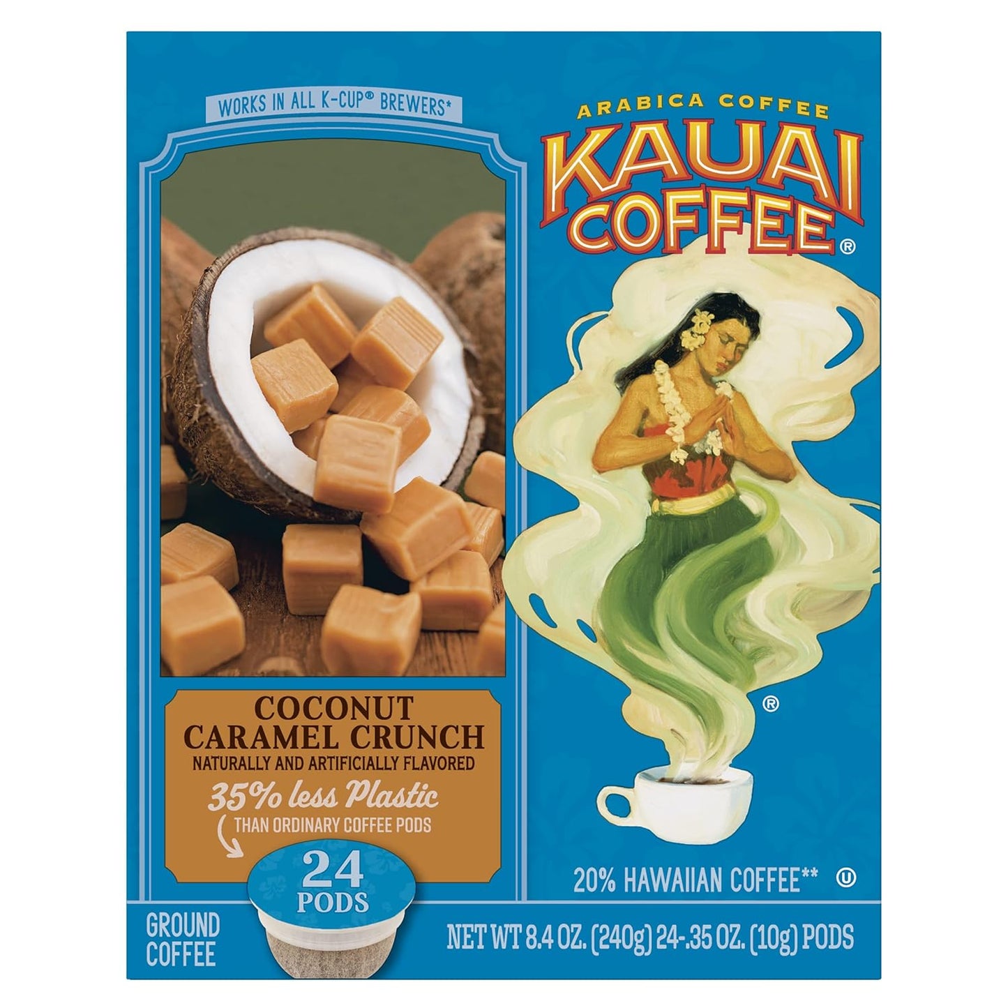 Kauai Coffee Coconut Caramel Crunch Medium Roast- - Compatible with Keurig Pods K-Cup Brewers (1 Pack of 24 Single-Serve Cups)