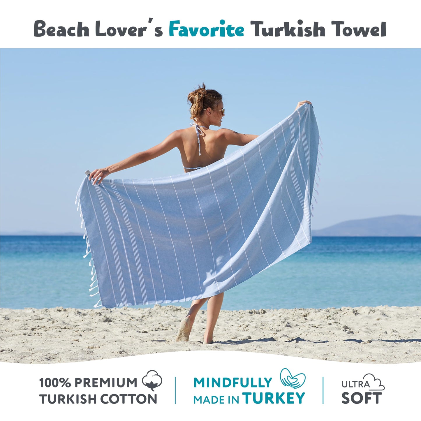 WETCAT Turkish Beach Towel Oversized 38x71 100% Cotton Sand Free Quick Dry Extra Large Light Travel Towel for Adults Beach Accessories Gifts (Blue, Beach Towel (38" x 71"))