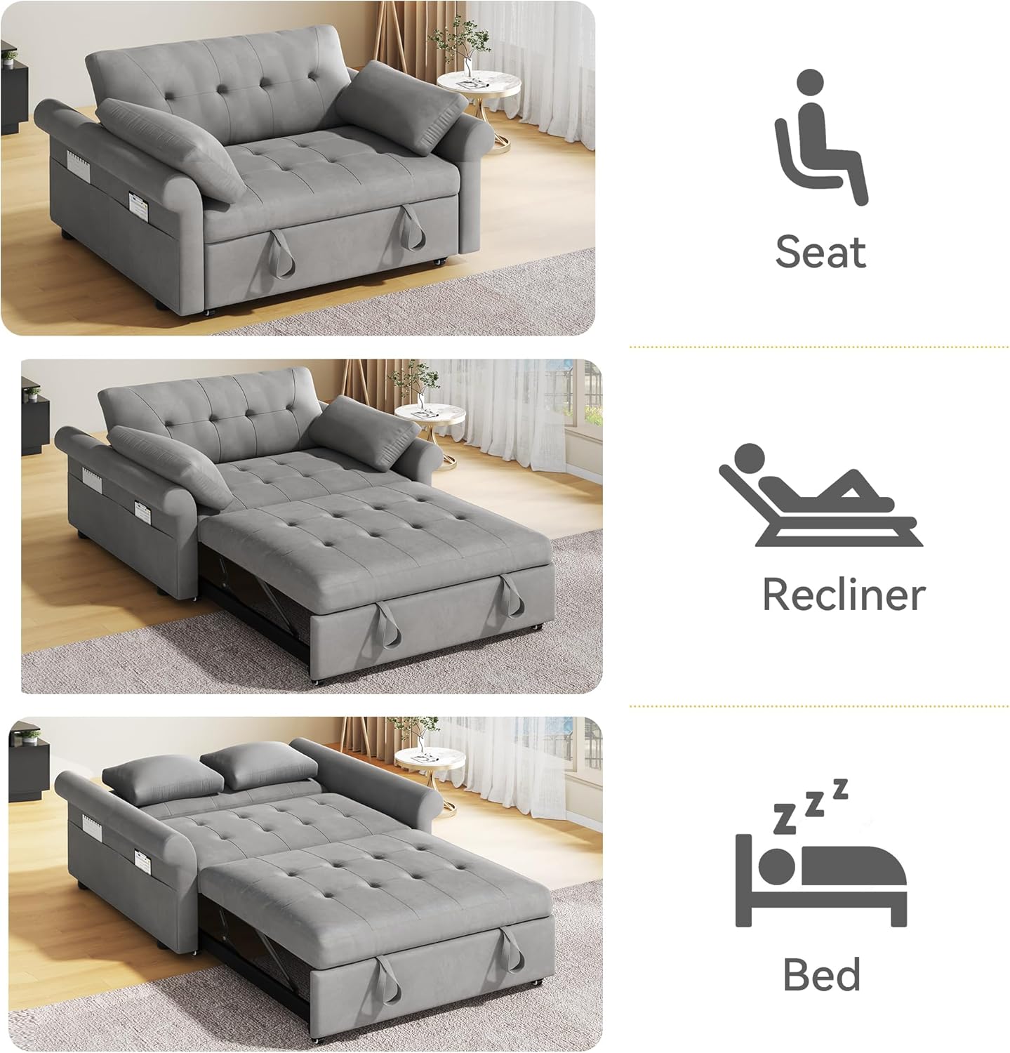 YITAHOME Sleeper Sofa Bed 3-in-1 Convertible Couch with Pullout Bed, Reclining Backrest, Storage Pockets, Modern Space Lounge Furniture for Living Room, Includes Toss Pillows, Grey