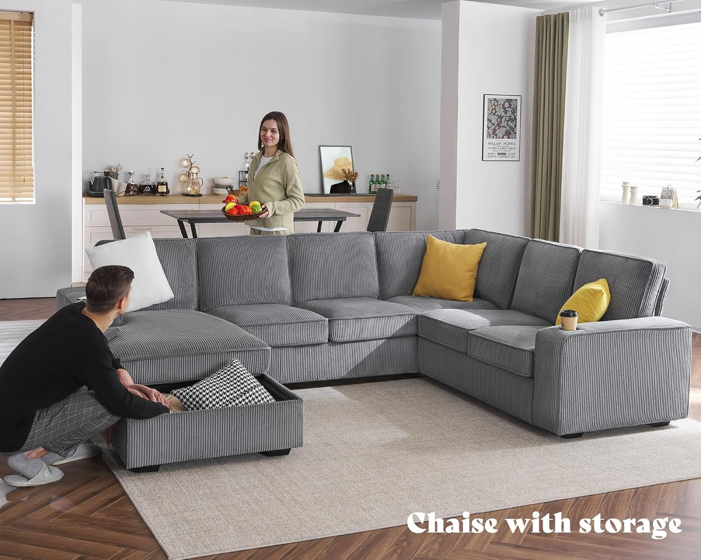 Oversized Sofa, 112 inch U Shaped Sofa with USB Ports, Sectional Sofa Couch with Storage Chaise, Corduroy Grey