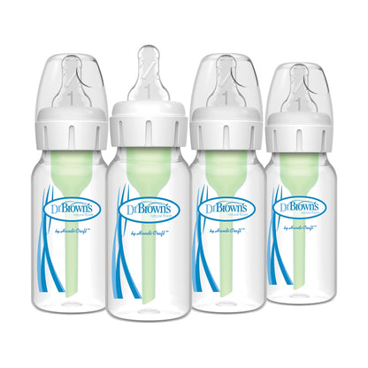 Dr. Brown's Natural Flow Anti-Colic Options+ Narrow Baby Bottle, 8 oz/250 mL, with Level 1 Slow Flow Nipple, 0m+, 4 count