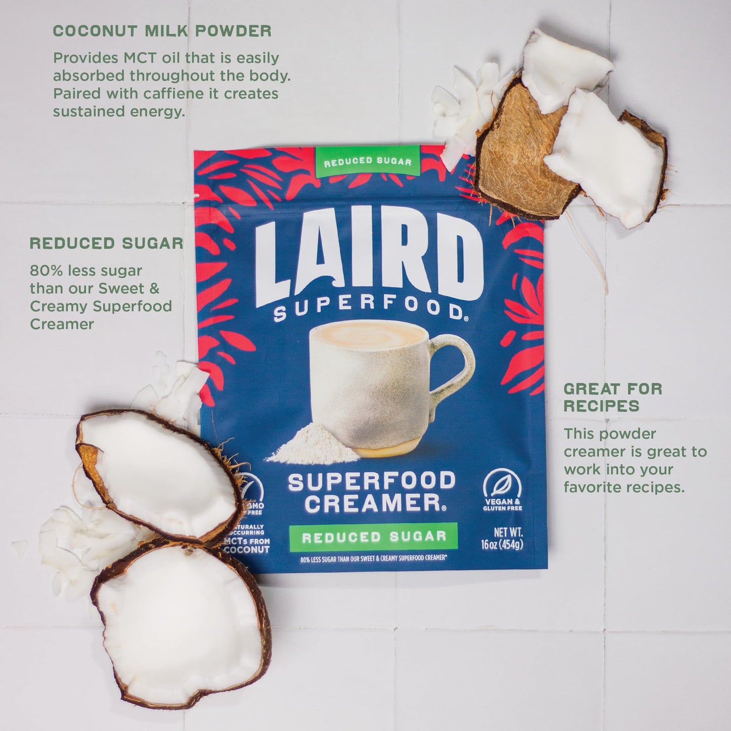 Laird Superfood Non-Dairy Superfood Creamer - Coconut Powder Coffee Creamer - Sweet & Creamy - Gluten Free, Non-GMO, Vegan - 16 oz. Bag, Pack of 1