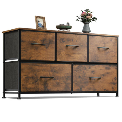 WLIVE Dresser for Bedroom with 5 Drawers, Wide Chest of Drawers, Fabric Dresser, Storage Organizer Unit with Fabric Bins for Closet, Living Room, Hallway, Rustic Brown Wood Grain Print