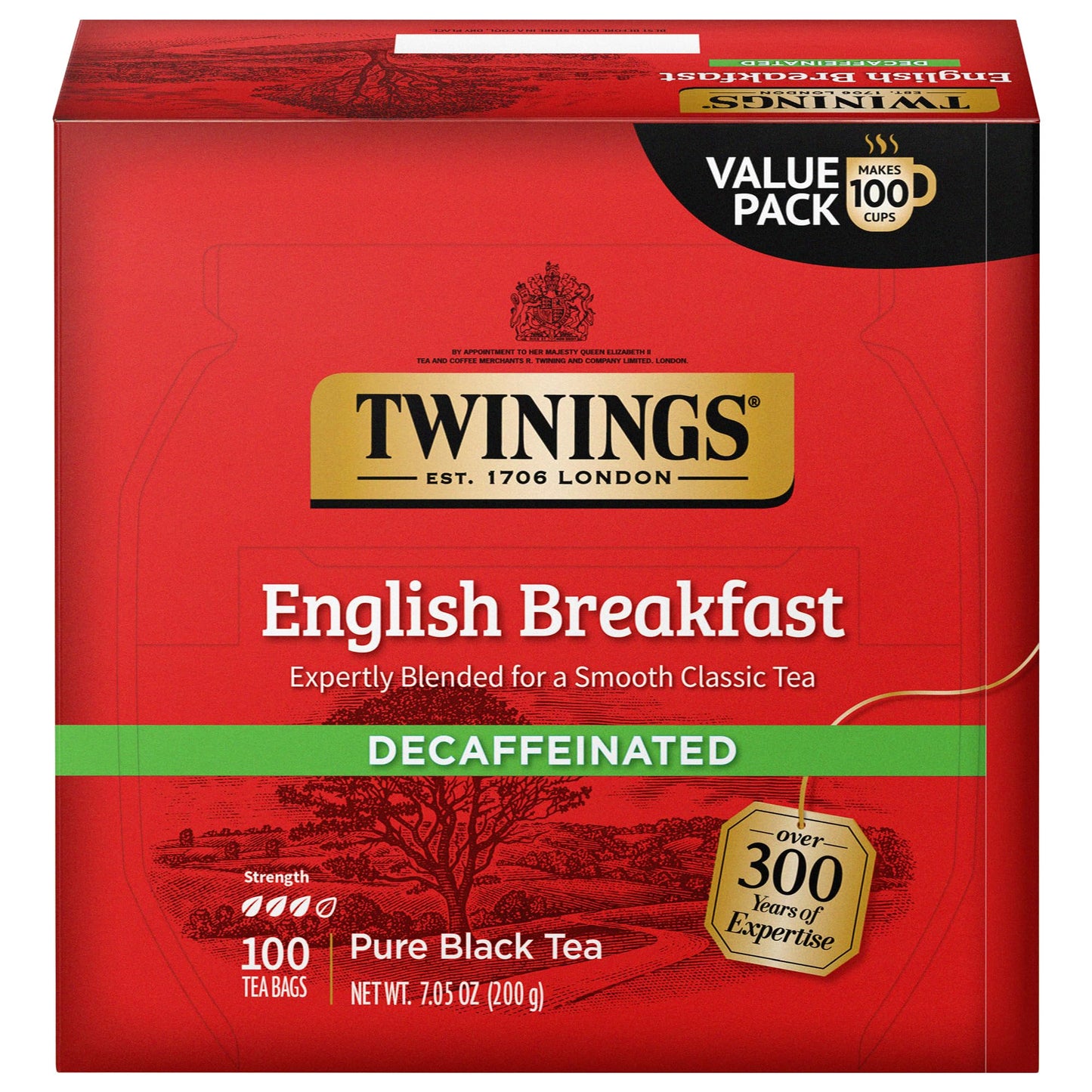 Twinings English Breakfast Black Tea, 100 Individually Wrapped Tea Bags, Smooth, Flavourful, Robust, Caffeinated, Enjoy Hot or Iced