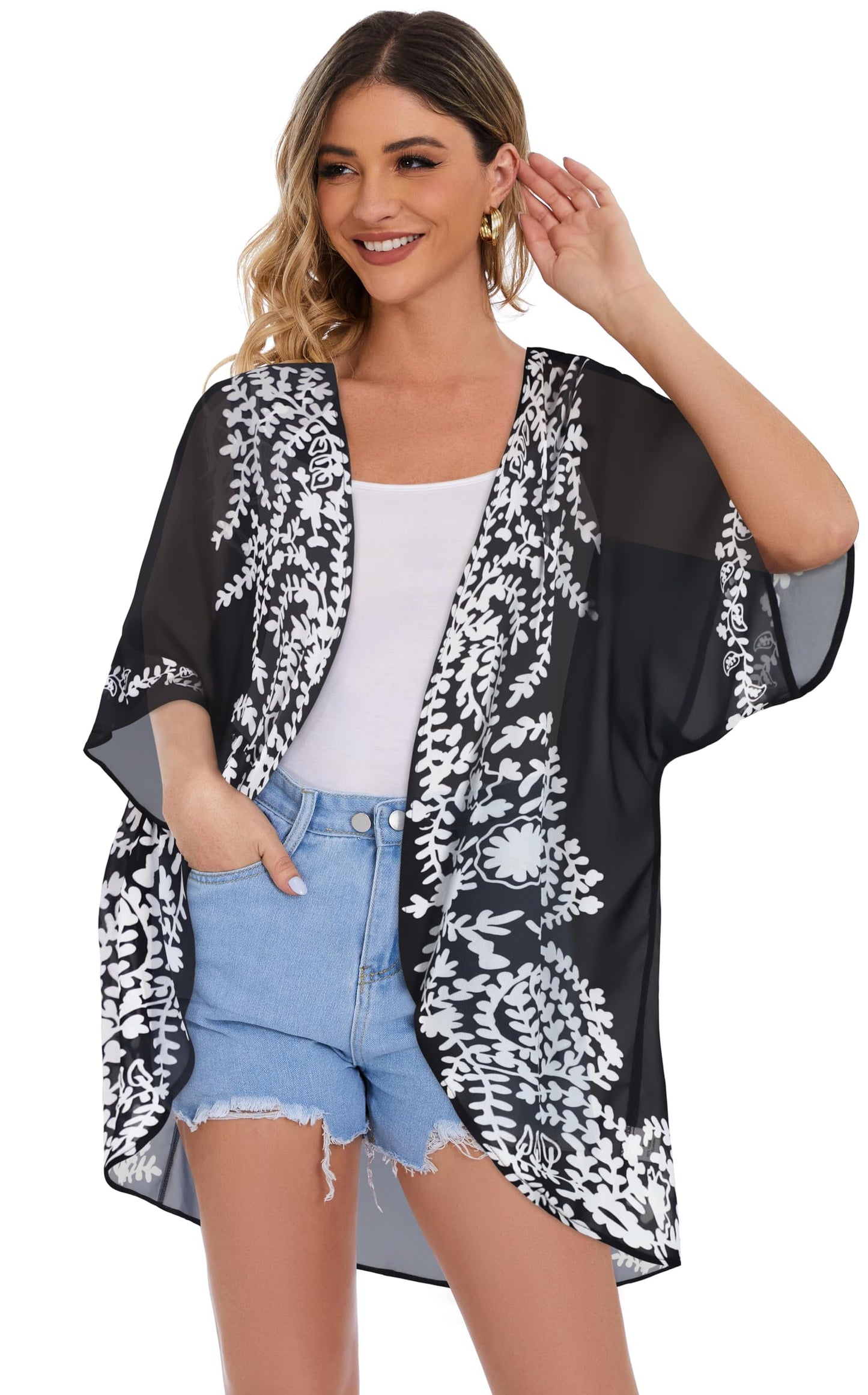 Women's Floral Print Puff Sleeve Kimono Cardigan Loose Cover Up Casual Blouse Tops