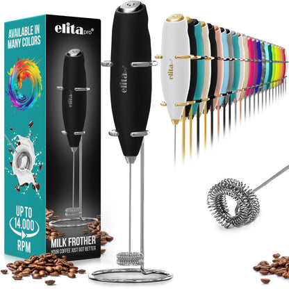 ElitaPro Powerful Milk Frother Wand - 2 in 1 Handheld Coffee Frother and Egg Beater - Mini Foam Maker With Stand - Whisk Drink Mixer & Foamer for Coffee, Latte, Matcha, Hot Chocolate (Exec Black)