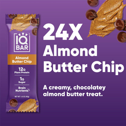 IQBAR Brain and Body Plant Protein Bars - Almond Butter Chip - 12 Count, Low Carb, High Fiber, Gluten Free, Vegan Snacks - Low Sugar Keto Energy Bars