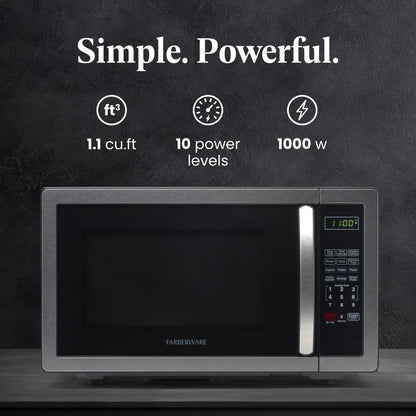 Farberware Countertop Microwave 1000 Watts, 1.1 cu ft - Microwave Oven With LED Lighting and Child Lock - Perfect for Apartments and Dorms - Easy Clean Stainless Steel