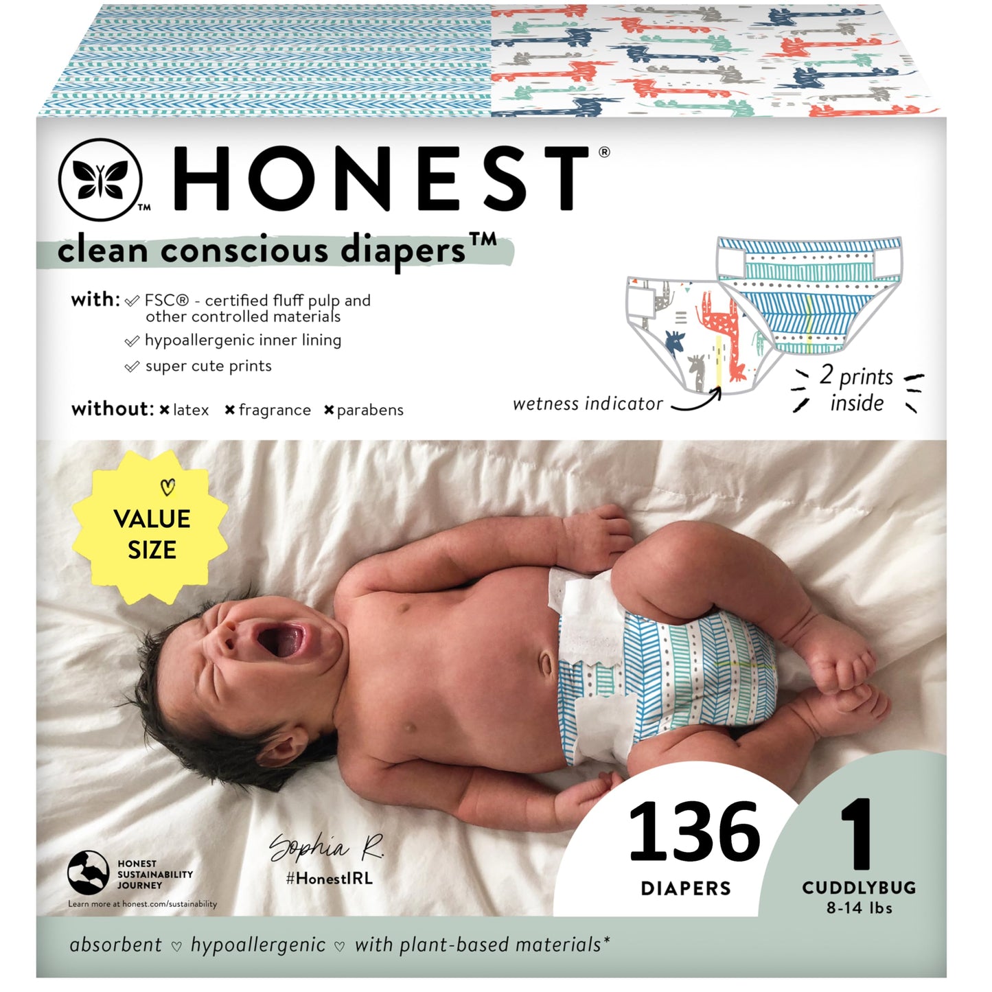 The Honest Company Clean Conscious Diapers | Plant-Based, Sustainable | Above It All + Pandas | Club Box, Size Newborn, 72 Count