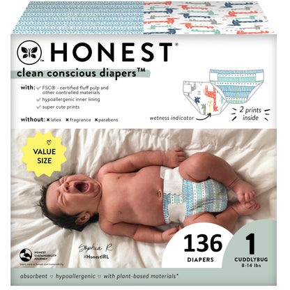 The Honest Company Clean Conscious Diapers | Plant-Based, Sustainable | Above It All + Pandas | Club Box, Size Newborn, 72 Count