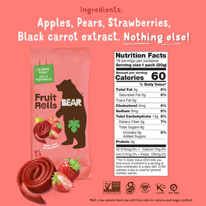 BEAR Real Fruit Snack Rolls - Gluten Free, Vegan, and Non-GMO - Strawberry – Healthy School And Lunch Snacks For Kids And Adults, 0.7 Ounce (Pack of 18)