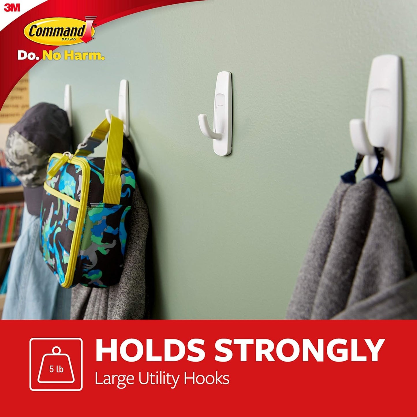 Command Large Utility Hooks, Damage Free Hanging Wall Hooks with Adhesive Strips, No Tools Wall Hooks for Hanging Decorations in Living Spaces, 7 White Hooks and 12 Command Strips