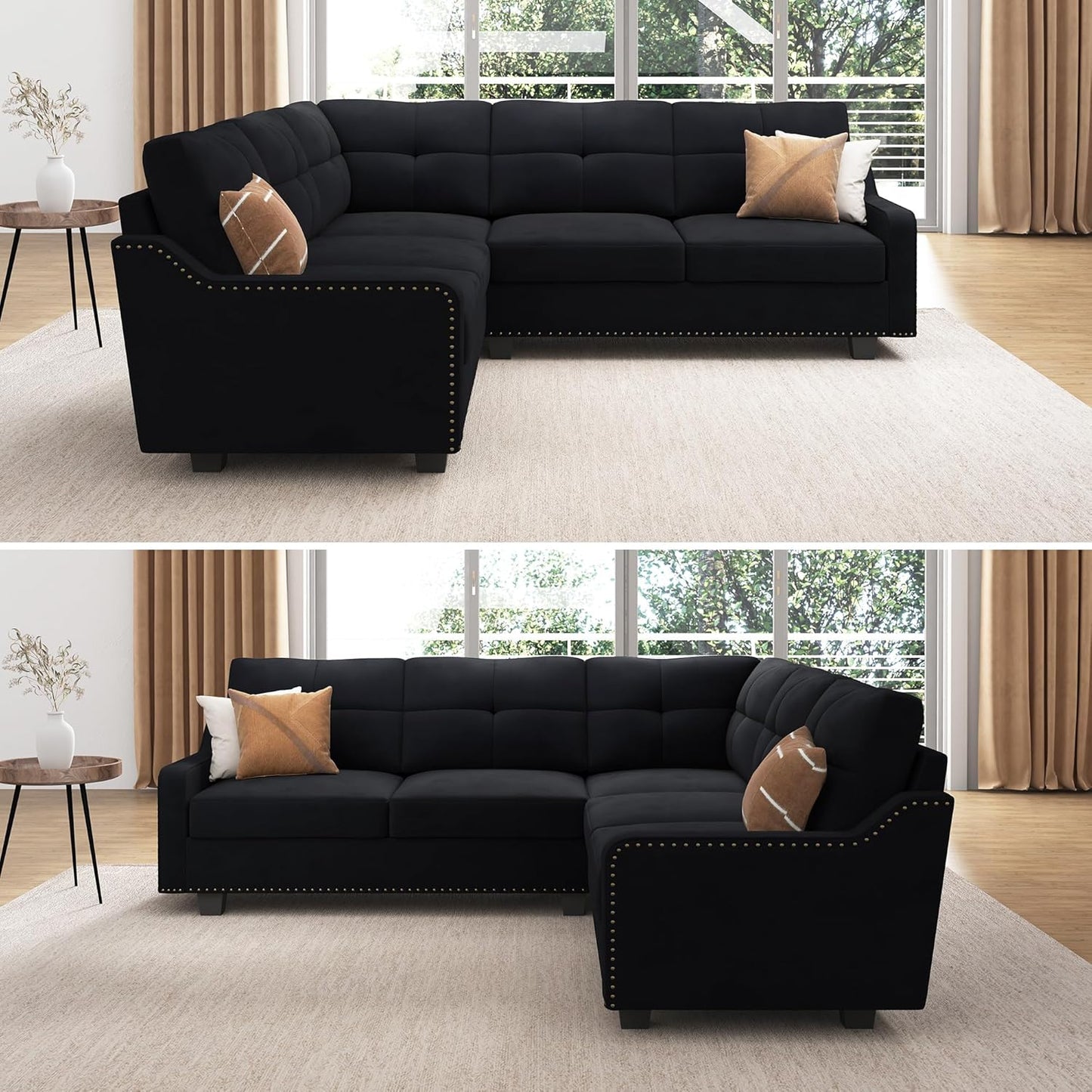 HONBAY Convertible Sectional Sofa L Shaped Couch for Small Apartment Reversible Sectional Couch for Living Room,Velvet Black