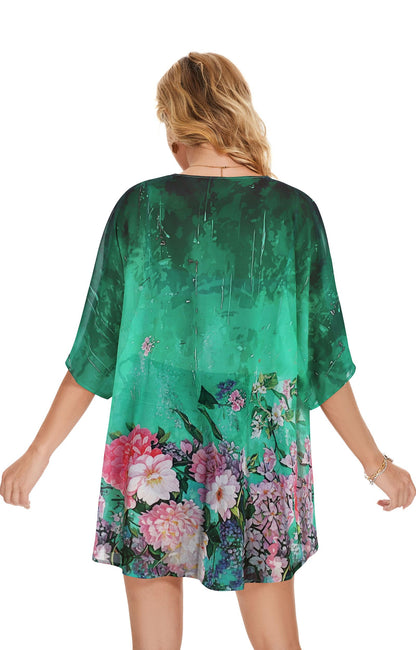 Women's Floral Print Puff Sleeve Kimono Cardigan Loose Cover Up Casual Blouse Tops