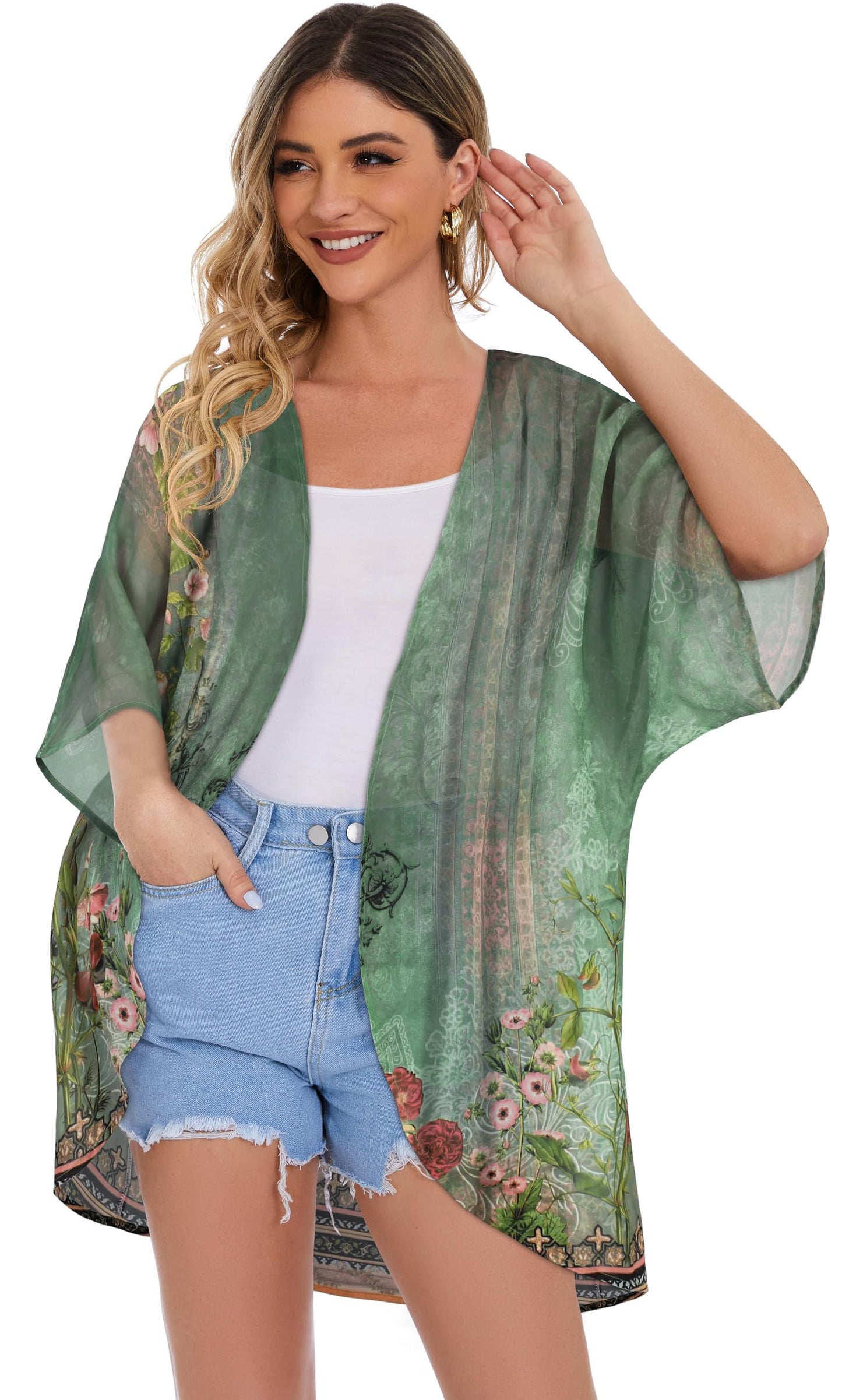 Women's Floral Print Puff Sleeve Kimono Cardigan Loose Cover Up Casual Blouse Tops