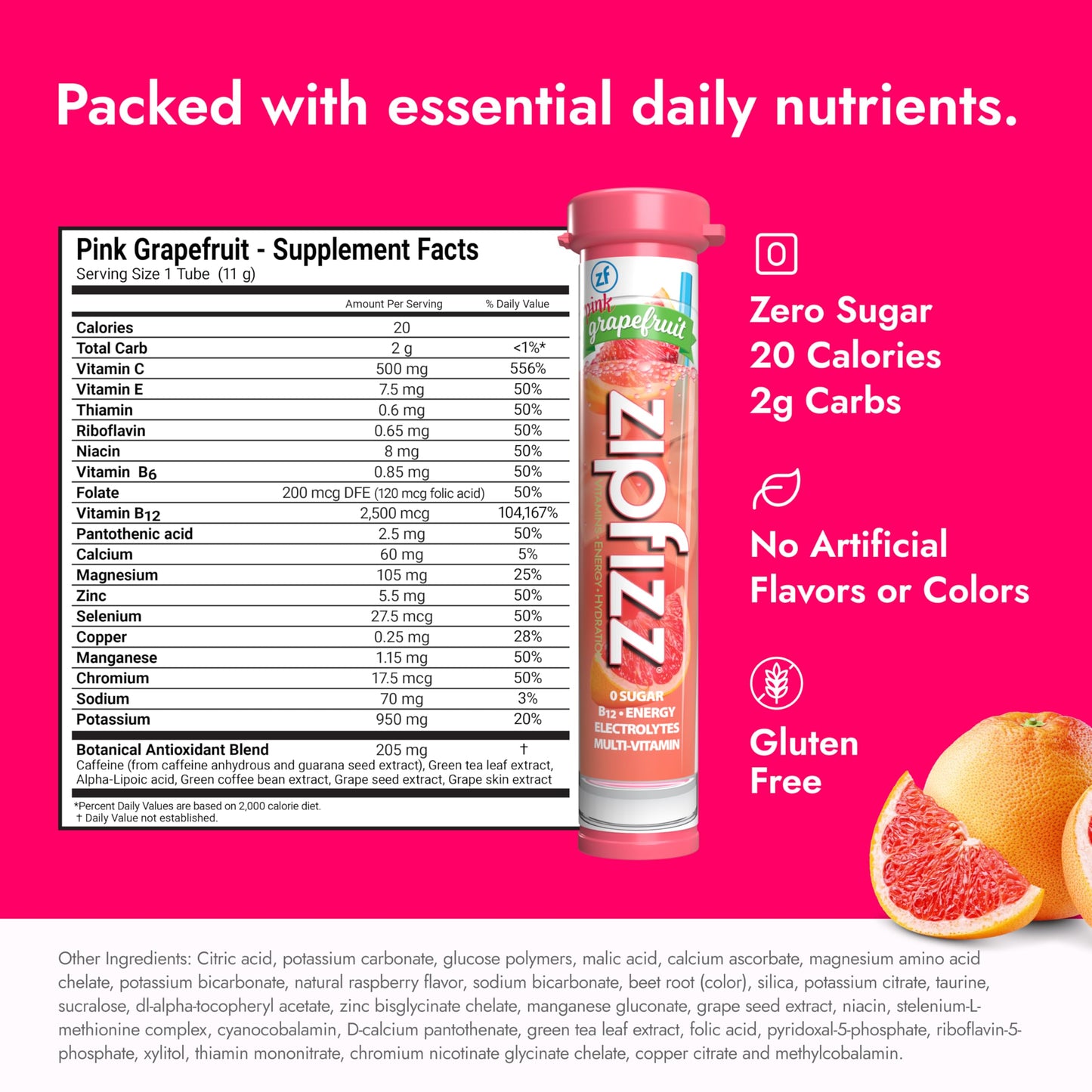 Zipfizz Energy Drink Mix, Electrolyte Hydration Powder with B12 and Multi Vitamin, Pink Grapefruit, (20 Count)