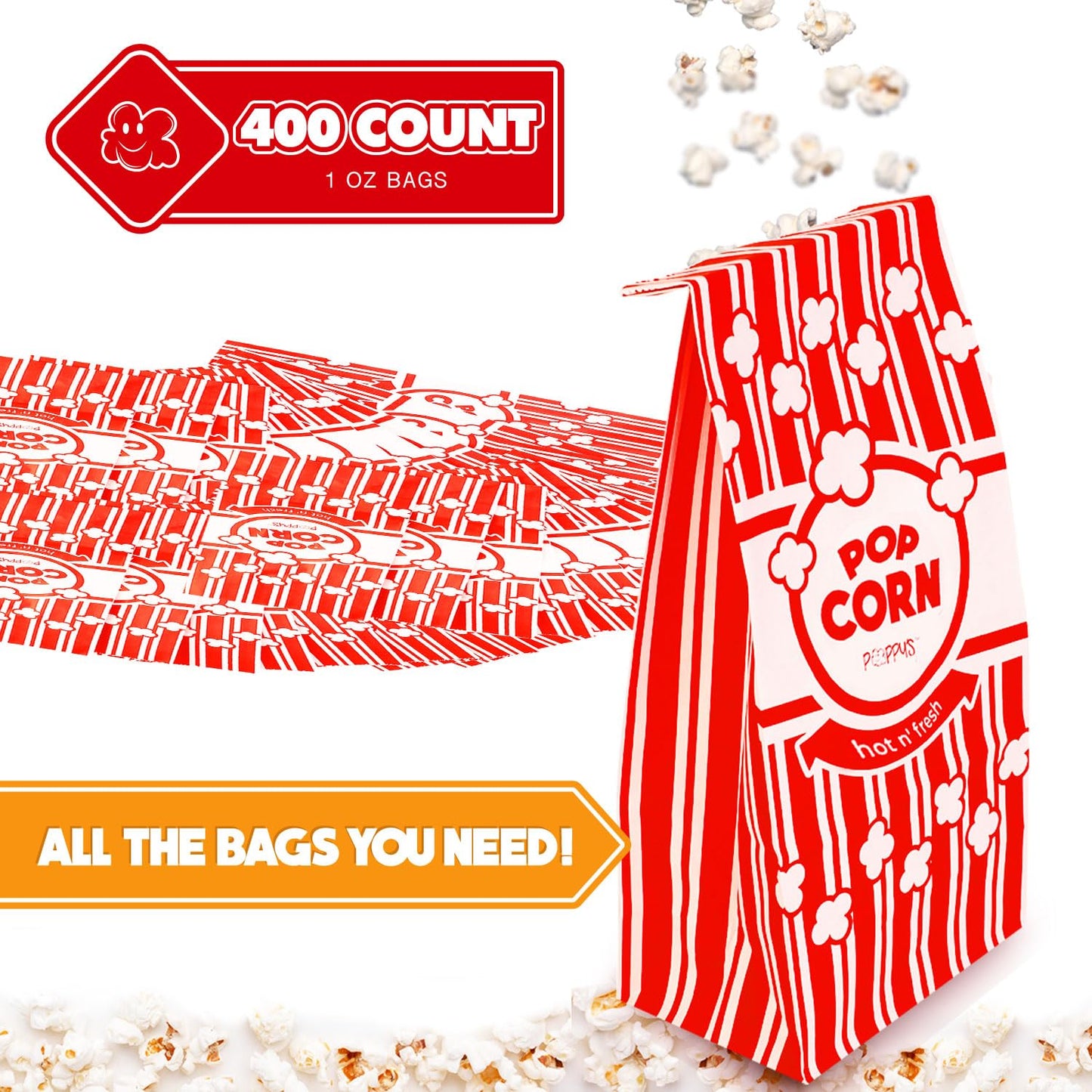 Poppy's Paper Popcorn Bags - 200 1oz Concession-Grade Bags, Popcorn Machine Accessories for Popcorn Bars, Movie Nights, Concessions