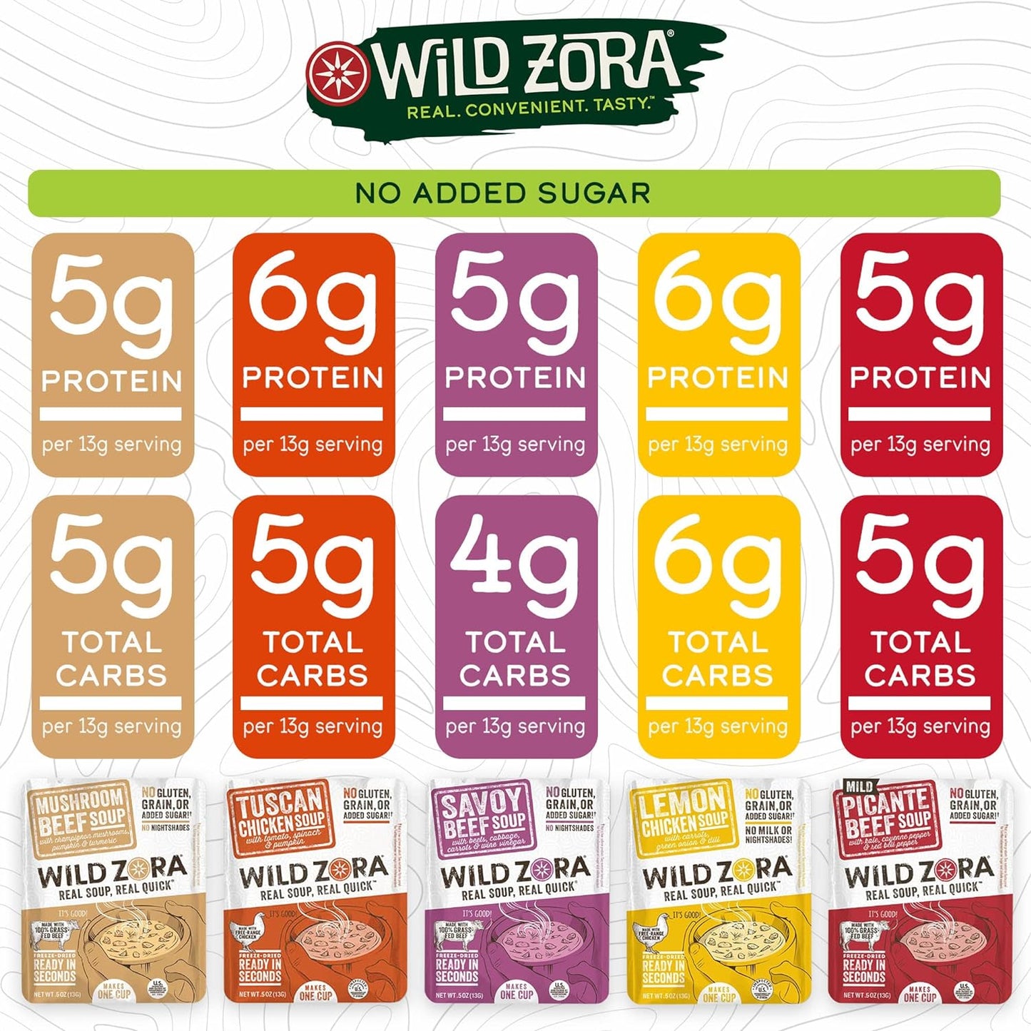 Wild Zora Instant Keto-Friendly Soups 5-Pack Variety, Broth Made with Grass-Fed Beef, Free-Range Chicken, and Vegetables, Gluten-Free, Low Carb, No Added Sugar, Flavorful Pantry Staples - 0.5oz/13g