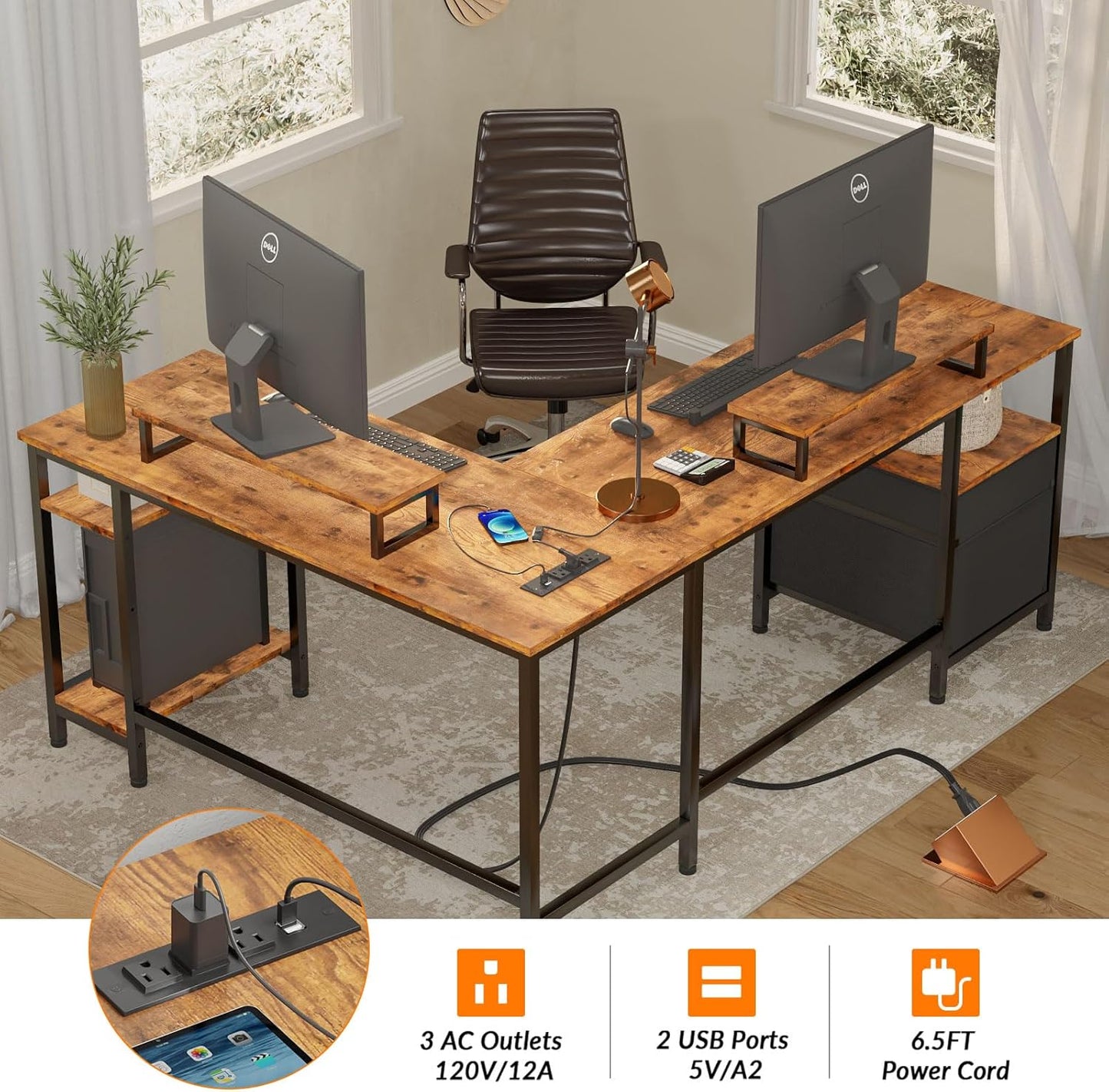 Furologee 66” L Shaped Desk with Power Outlet, Reversible Computer Desk with File Drawer & 2 Monitor Stands, Home Office Desk with Storage Shelves, Corner Desk for Gaming Writing, Rustic Brown