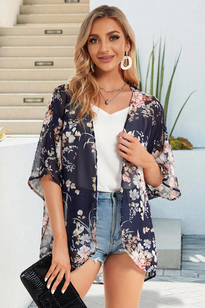 Women's Floral Print Puff Sleeve Kimono Cardigan Loose Cover Up Casual Blouse Tops