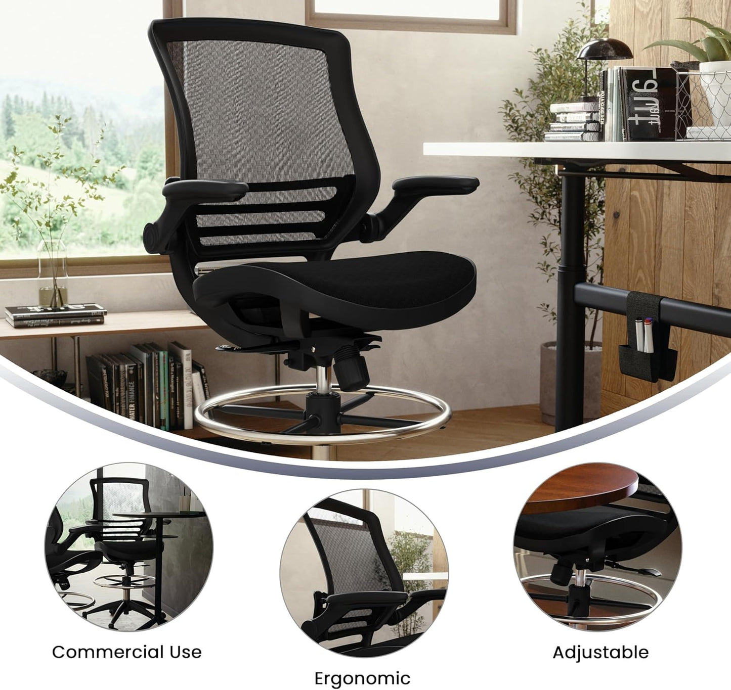 Flash Furniture Waylon Mid-Back Swivel Office Chair with Adjustable Foot Ring, Lumbar Support, and Seat Height, Ergonomic Mesh Executive Chair with Armrests, Black