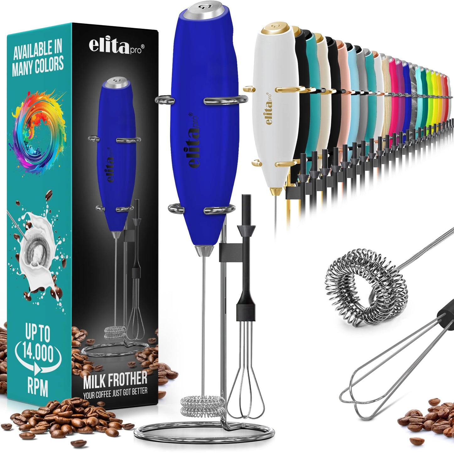 ElitaPro Powerful Milk Frother Wand - 2 in 1 Handheld Coffee Frother and Egg Beater - Mini Foam Maker With Stand - Whisk Drink Mixer & Foamer for Coffee, Latte, Matcha, Hot Chocolate (Exec Black)