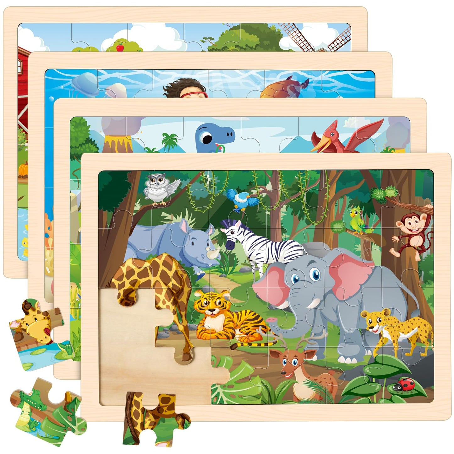 4-in-1 Farm Wooden Puzzles for Kids Ages 4-6, 24 PCS Wooden Jigsaw Puzzles for Toddlers Ages 2-4, Preschool Educational Puzzles Boards Toys Gifts for 3 4 5 6 Boys Girls