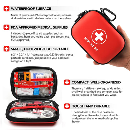 Mini First Aid Kit, 100 Pieces Water-Resistant Hard Shell Small Case - Perfect for Travel, Outdoor, Home, Office, Camping, Hiking, Car (Red)