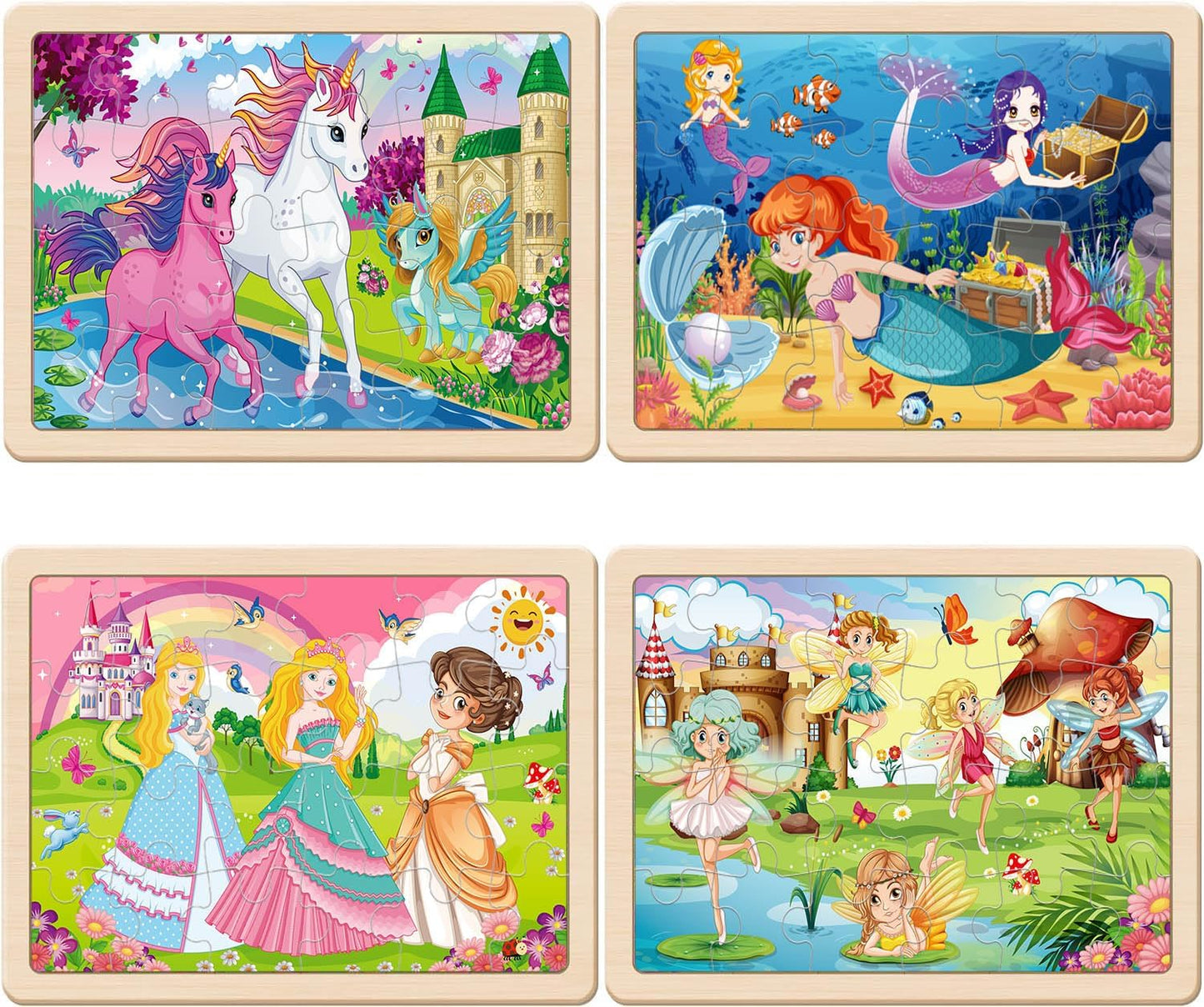 Wooden Puzzles for Kids Ages 4-6, 4 Packs 24 PCs Unicorn Mermaid Princess Fairy Jigsaw Puzzles, Preschool Educational Brain Teaser Toys for Girls 3 4 5 6 Years Old.