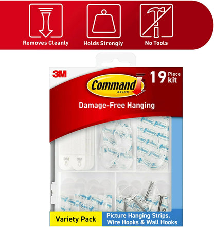 Command Variety Pack, Picture Hanging Strips, Wire Hooks and Wall Hooks, Damage Free Hanging Clear Variety Pack for Up to 19 Items, 1 Kit